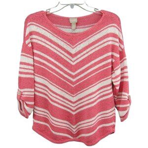 Chicos Pink White Stripe Sweater Size L 2 Lightweight 3/4 Sleeve Cotton Blend